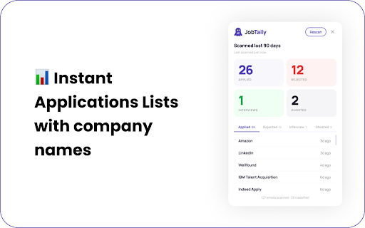 JobTally — Job Application & Rejection Tracker for Gmail™ :: Scans your Gmail™ inbox to track job applications, rejections, interviews, and ghosted jobs. No spreadsheets. No manual entry.