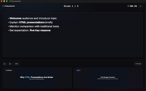 HTMLpresenter :: Adds a presenter view to any HTML presentation opened in Chrome.