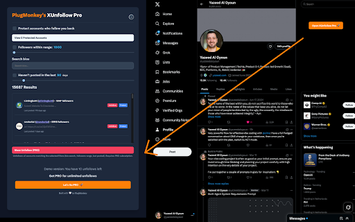 X Unfollow Pro by PlugMonkey: Twitter Manager :: Search, filter & unfollow X (Twitter) accounts with precision. Find by bio/keyword, filter by activity—manual or bulk unfollow.
