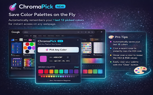 Color Picker & EyeDropper – HEX, RGB & History :: Pick colors from webpages instantly. Copy HEX and RGB values, save color history, and work without extra permissions.