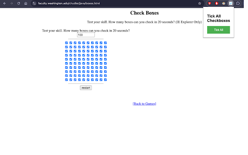 TickBox :: On the click of a button checks all checkboxes on a webpage, without any error, useful in tasks of batch selection where select all…
