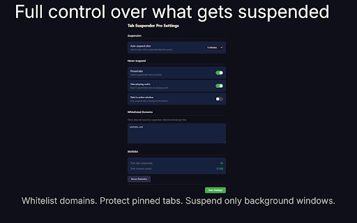 Tab Suspender Pro — Save Memory & Speed Up Chrome :: Automatically suspend inactive tabs to free up memory. Save gigabytes of RAM. Lightweight, fast, no tracking.