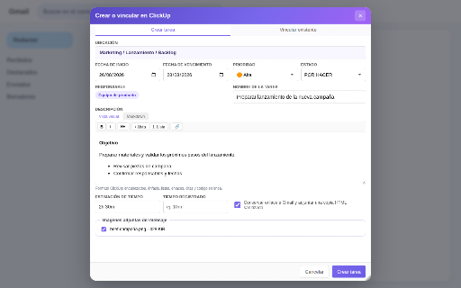 TaskBridge for ClickUp :: Integra Gmail, Google Calendar y Meet con tareas y seguimiento de tiempo en ClickUp