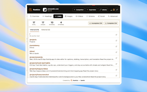 Rankizz SEO Extension :: Audit on-page SEO, links, images and schema, check Ahrefs DR, export results, and save websites as competitors or inspiration.