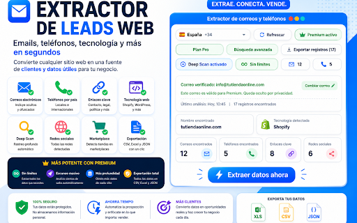 Extractor de correos y teléfonos :: Extrae correos, teléfonos, enlaces y tecnología visible; exporta a CSV o Excel y activa Premium mensual.