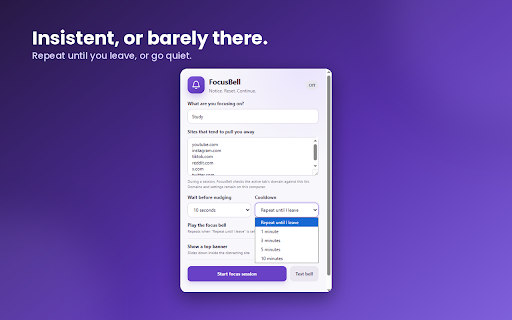 FocusBell - ADHD Focus Reminder & Gentle Distraction Nudges :: ADHD-friendly bell and banner reminders help you return to focus when distracting websites pull you away.