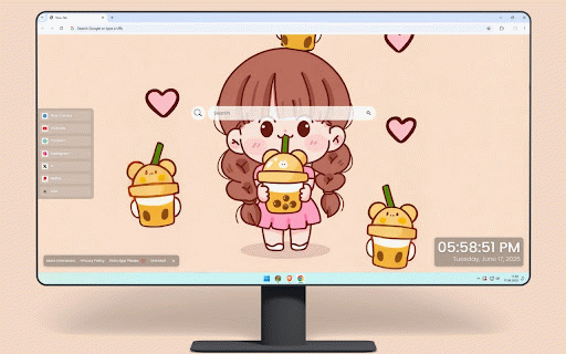 Cute Kawaii Girl Live Wallpaper :: Adorable kawaii girl with brown hair holding bubble tea surrounded by floating drinks and hearts.