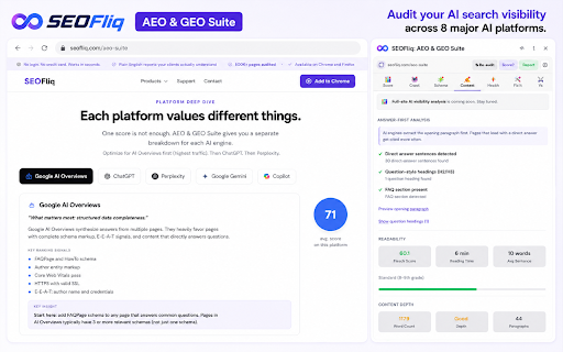 SEOFliq: AEO & GEO Suite :: AI search visibility auditor — AEO & GEO analysis across 8 leading AI answer engines. Schema, crawlers, E-E-A-T.