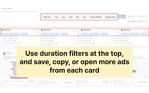 FB Ad Library Helper - One-Click Ad Research :: Save creatives, copy ad text, and open more ads from Meta/Facebook Ads Library faster.