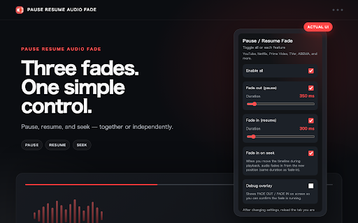 Pause Resume Audio Fade :: Softly fade audio on pause, resume, and seek in browser video players.