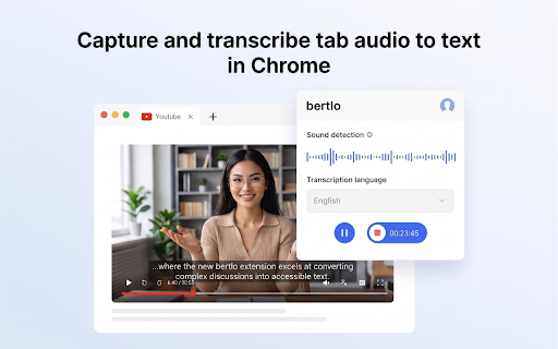 Bertlo: Record & Transcribe Meetings - Google Meet & Web Audio :: Live captions, real-time transcript & translation on Google Meet, Zoom, Teams & YouTube — AI meeting notes in 60+ languages.