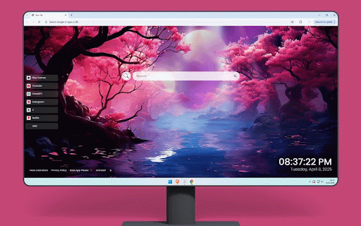 Dreamscene Forest Live Wallpaper :: Mystical forest of vibrant pink cherry trees surrounds shimmering purple river at twilight.