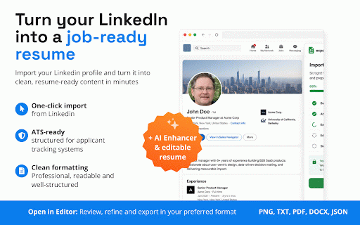 Resume from LinkedIn: PDF & Word CV Export – ExportMyResume :: Turn your LinkedIn profile into an ATS-friendly resume in one click. Free PDF & Word (DOCX) export with a free account.