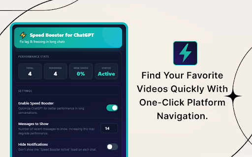 Speed Booster for ChatGPT :: Stop browser freezing and lag in long ChatGPT conversations. Instantly speeds up the entire UI and reduces memory usage.