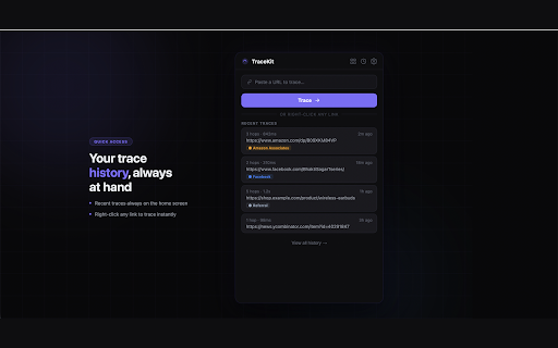 TraceKit — Redirect & Affiliate Inspector :: Reveal the full redirect chain behind any link. Spot affiliate networks, tracking params, and the real final URL — instantly.