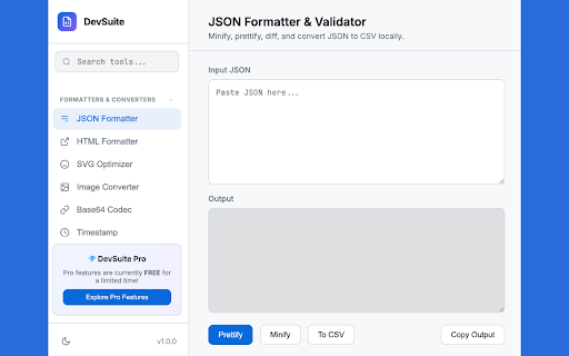 DevSuite - 25+ Web Developer Tools & API Tester :: 25+ Local Web Developer Tools: API Tester, JSON Formatter, JWT Decoder, SVG Optimizer & more. Privacy-first, zero network calls.