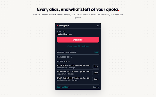 Emcognito Email Alias Generator & Forwarding :: Create a disposable Emcognito alias the moment a site asks for your email, and fill it in one click.