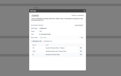SuiteField Helper 2026.1 :: Inspect and edit NetSuite fields see IDs, values, types, and options, update values, toggle mandatory/disabled, and copy IDs.