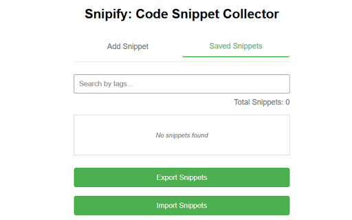 Snipify: Code Snippet Collector :: Save, tag, and search reusable code snippets directly from your browser.