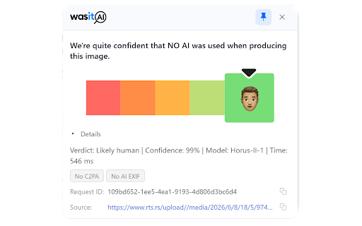 WasItAI :: This extension connects to your WasItAI account and lets you analyze images you encounter while browsing.