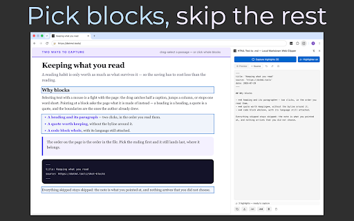 HTML Text to .md — Local Markdown Web Clipper :: Select any part of a page and convert it to clean Markdown. Tables, code and math stay intact. Runs locally in Chrome.
