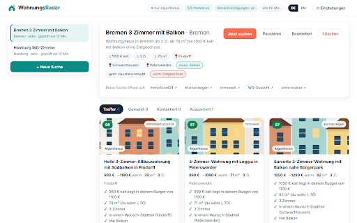 WohnungsRadar :: Finds rental homes in Germany for you: searches ImmoScout24, Kleinanzeigen, Immowelt & more, scores every ad, writes to landlords.