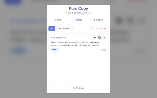 Pure Copy :: Smart clipboard manager: Save text snippets, copy without formatting, track history. Perfect for productivity.