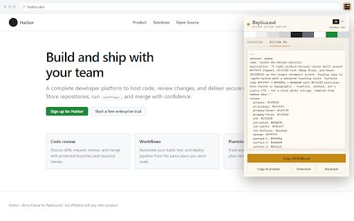 Replica.md - Copy Style from any website :: Copy a website's visual style into DESIGN.md — colors, type, and components you can paste into AI to recreate the design.