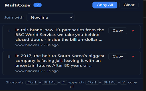 MultiCopy :: Copy multiple selections from any page; each copy appends to a shared clip buffer you can paste anywhere.