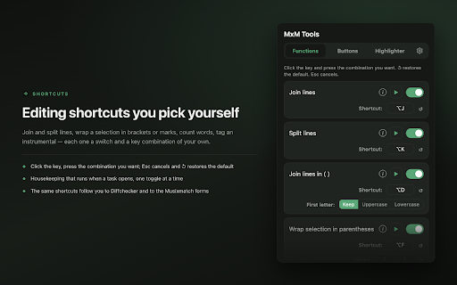 MxM Tools :: Unofficial helper for Musixmatch curators: editing shortcuts, AI transcription, review, lyrics comparison and quality reports.