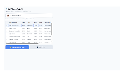 CSV Form Autofill :: Upload a CSV file and autofill web forms with one click. Reads column headers and matches them to form fields automatically.