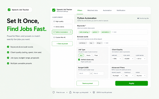 Upwork Job Tracker & Notifications :: Auto-monitor Upwork for new jobs and get instant browser notifications — never miss a relevant opportunity again.