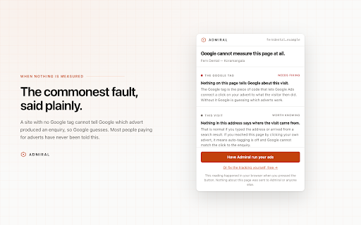 Admiral (Google Ads & Meta tracking check) :: Check whether your site can tell Google Ads and Meta that an ad produced an enquiry. The page check runs only in your browser.