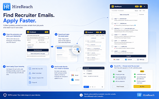 HireReach — Job Post Email Organizer :: Organize publicly posted recruiter emails from job posts you're viewing & apply faster. 100% local. Not affiliated with LinkedIn.