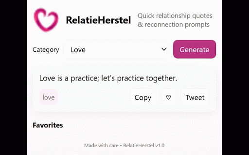 RelatieHerstel — Relationship Quotes :: Generate relationship quotes and connection prompts. Save favorites, copy and share quickly.