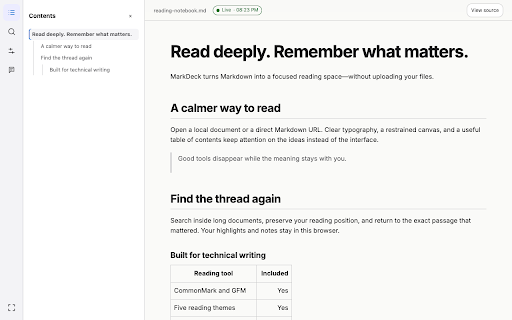 MarkDeck: Markdown Viewer & Reader :: Open local .md files by their path and read them beautifully. Live updates, highlights and notes. Private, no account.