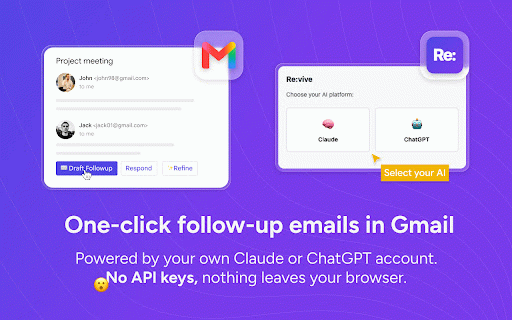 Re:vive — AI Email Follow-ups :: AI follow-ups, replies & draft polish for Gmail — with your own Claude or ChatGPT. No API keys, nothing leaves your browser.