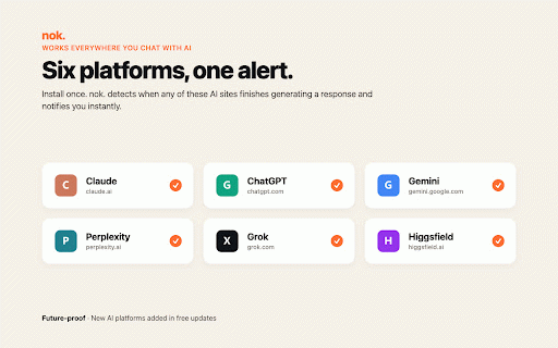 nok. — Desktop alerts for AI chat completion :: Desktop alerts the moment your AI chat response finishes. Runs locally. No account required.
