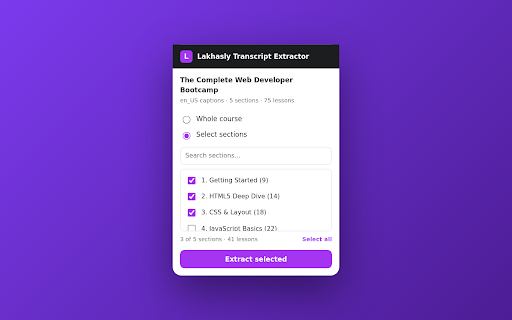 Lakhasly Transcript Extractor :: Save Udemy course transcripts as one Markdown file, organized by section and lesson — ready to summarize with Lakhasly.