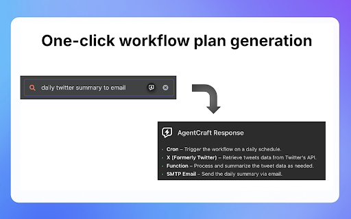 AgentCraft - n8n AI Workflow Builder :: AI for n8n: AgentCraft Copilot | Debug, Generate & Fix Workflows 10x Faster
Debug n8n workflows, generate JavaScript code, and fix…