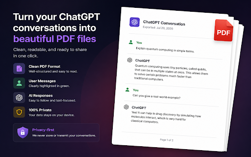 ChatGPT to PDF Extension :: Fast ChatGPT to PDF extension lets you export chatgpt conversations to PDF. Use ChatGPT exporter for Chrome and save in one click.