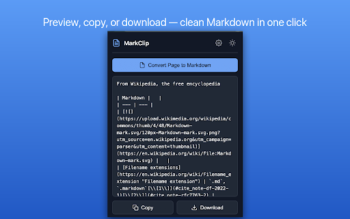 MarkClip: Webpage to Markdown Clipper :: Converts full webpages or user selections to Markdown with YAML frontmatter and safe MV3 downloads.