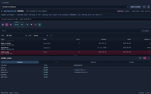 Zoost - workbench for Zoho Analytics :: Independent, unofficial: mirror a Zoho Analytics workspace to local files - views, columns, foreign keys, query-table SQL.