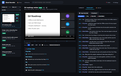 Ghost Recorder :: One-click AI meeting notes on any platform. Local recording, speaker transcripts, summaries, action items. Bring your own AI key.