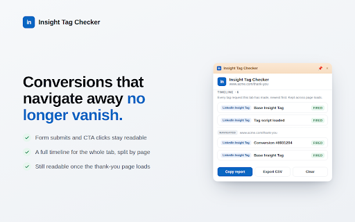Insight Tag Checker for LinkedIn :: Check if your LinkedIn Insight Tag & conversions are firing, and decode every tag request — live, on any site, 100% local.
