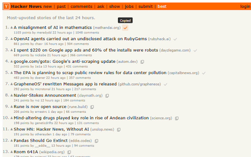 HN Copy Links :: Copy a Hacker News or Lobsters article link and its discussion link with one click.