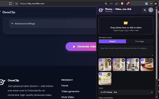 2026 OnceClip · Photos to Video, in One Click :: Upload photos, type narration, and generate an AI marketing short in seconds. OnceClip turns a day of video editing into 5 minutes.
