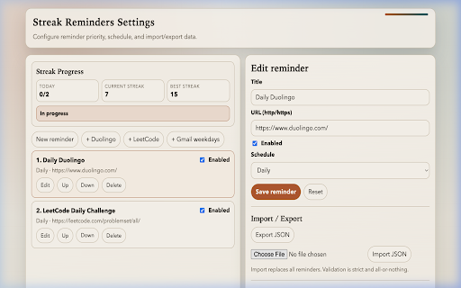 Streak Reminders :: New Tab reminders for daily streaks with priority queue and done-for-today logic.