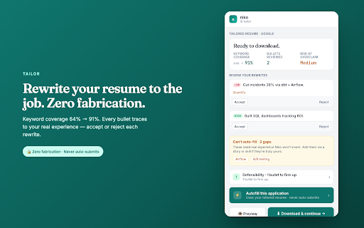 AgentHire – AI Resume Tailor :: Zero-fabrication AI resume tailor + autofill for job seekers. Fills applications on every major ATS. Never auto-submits.