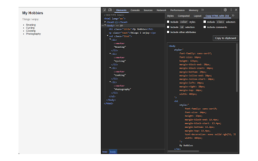 Copy HTML with CSS :: Adds a DevTools Elements sidebar that lets you copy the selected element's HTML along with its computed CSS as inline styles.